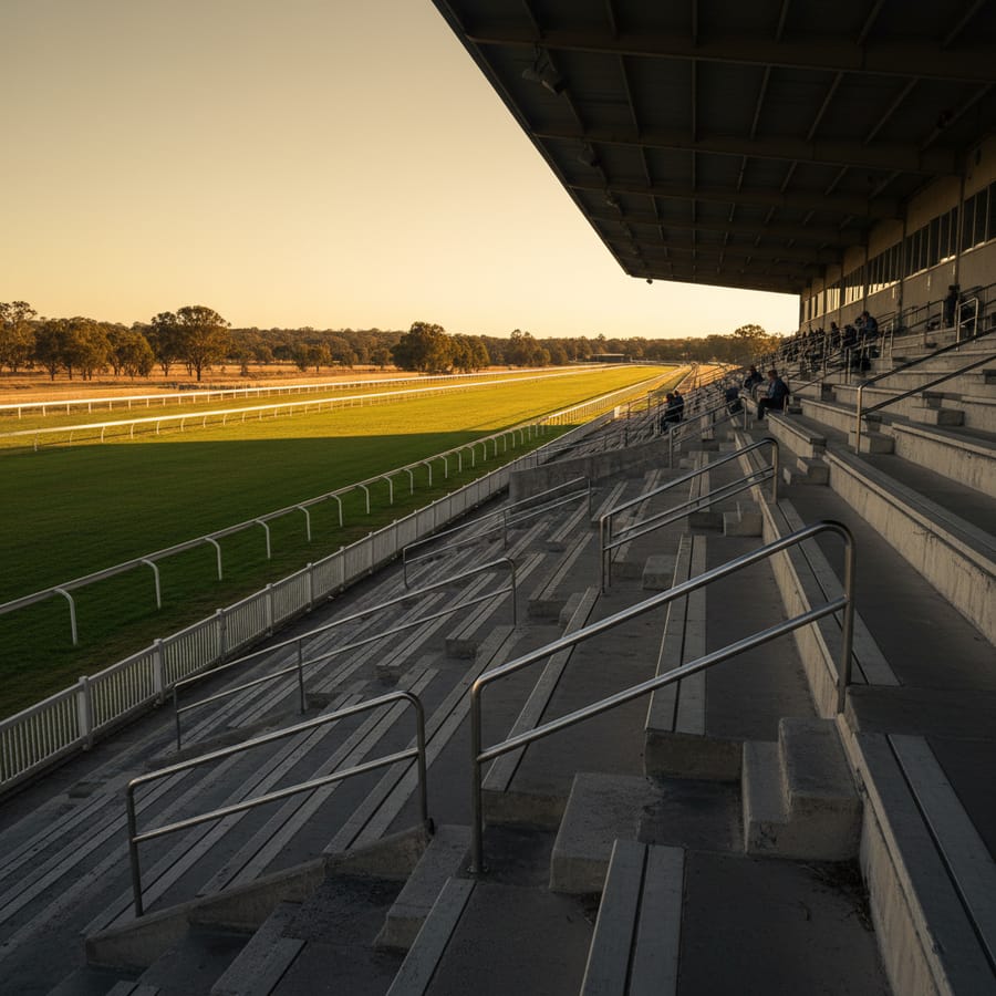 Empty grandstand seats overlooking a racecourse at golden hour