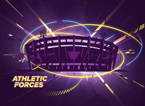 Stadium silhouette in purple and yellow spotlights