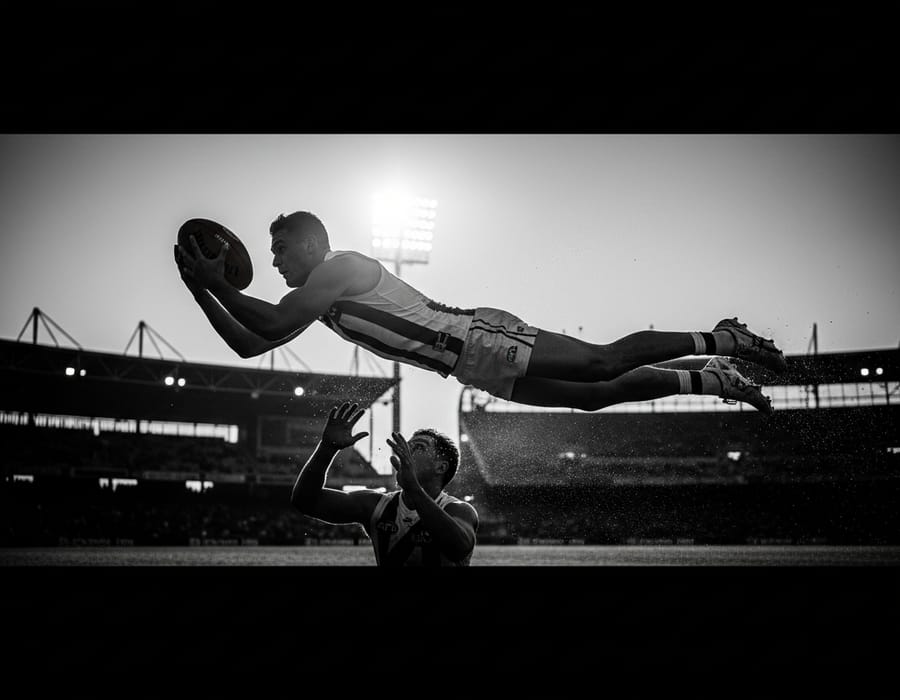 An AFL player takes a flying mark under stadium lights